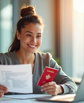 Jeune adulte souriant tenant un passeport canadien et documents