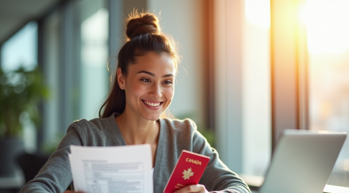 Jeune adulte souriant tenant un passeport canadien et documents