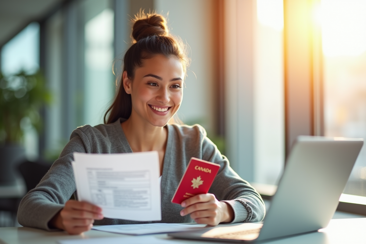 Jeune adulte souriant tenant un passeport canadien et documents