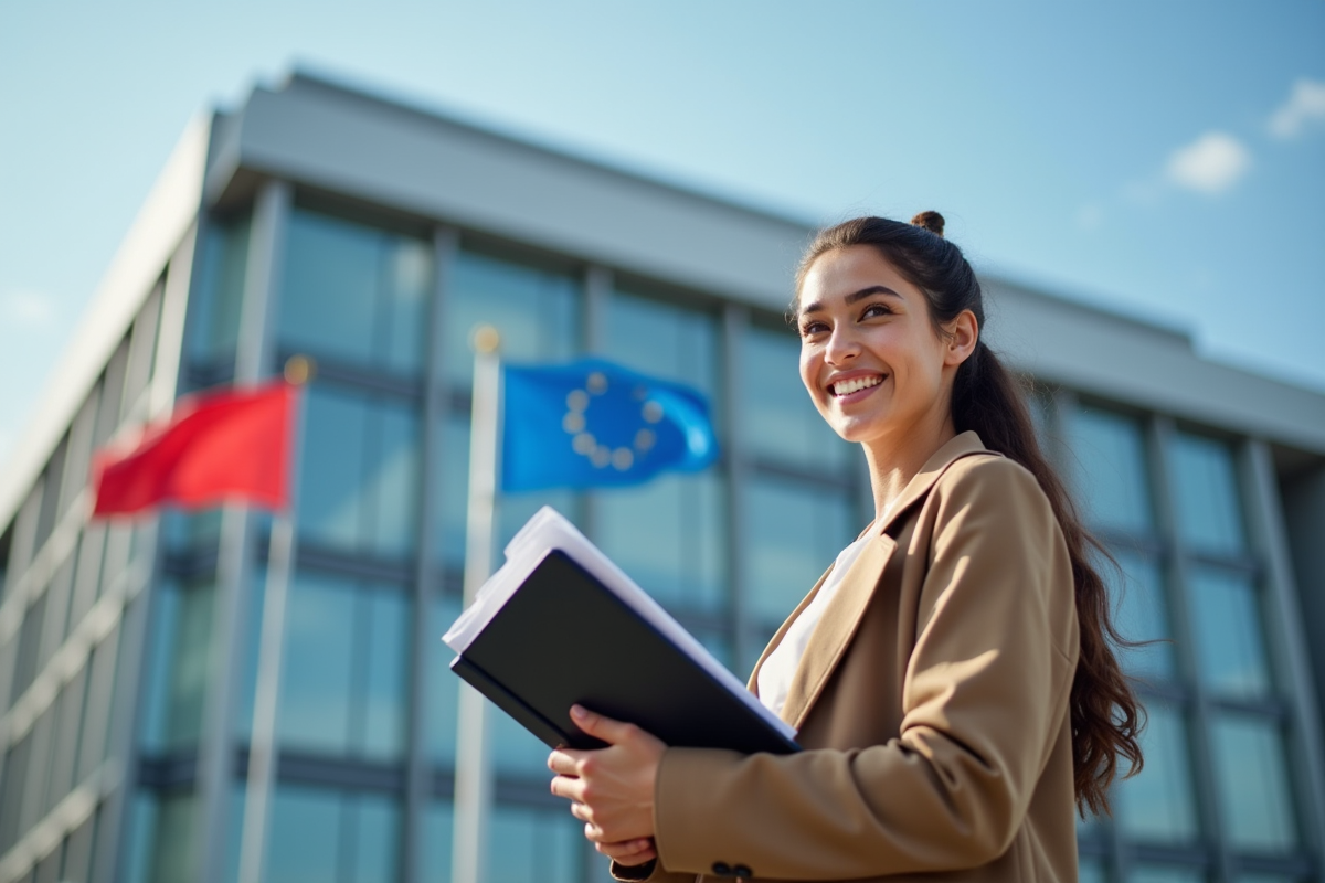 Jeune adulte souriant devant un bâtiment officiel avec drapeaux européens