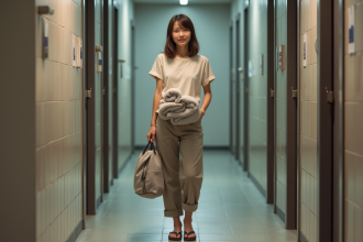 Jeune femme dans un hostel avec serviette et sac à dos