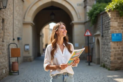 Jeune femme devant la porte de Guérande avec brochure