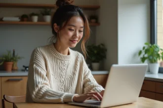 Jeune femme assise à une table de cuisine avec ordinateur portable