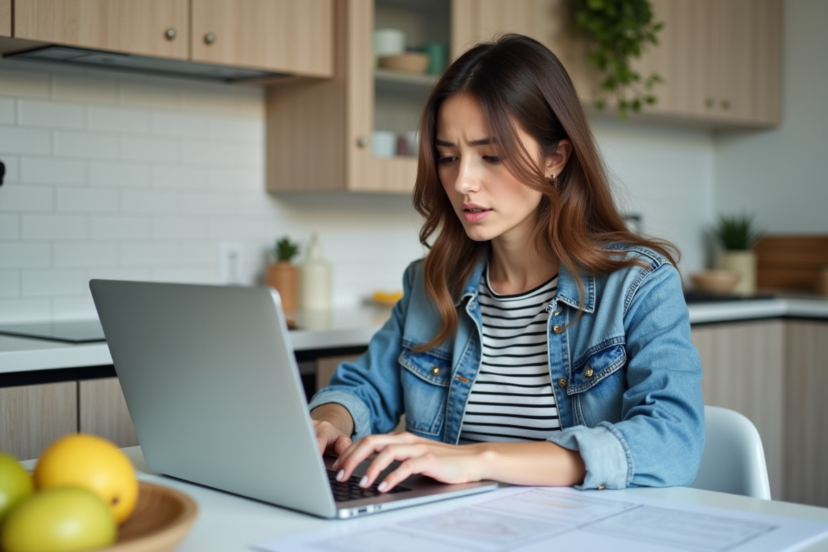 Jeune femme regardant un billet d'avion avec son ordinateur