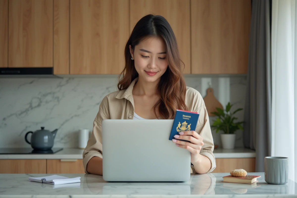 Jeune femme avec passeport thaïlandais dans une cuisine moderne