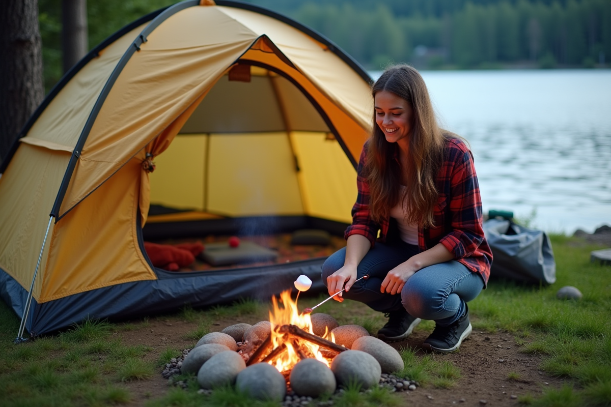 Jeune femme faisant griller un marshmallow près du lac