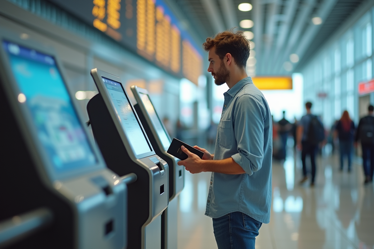 Jeune homme vérifiant ses documents de voyage à un kiosque aéroport