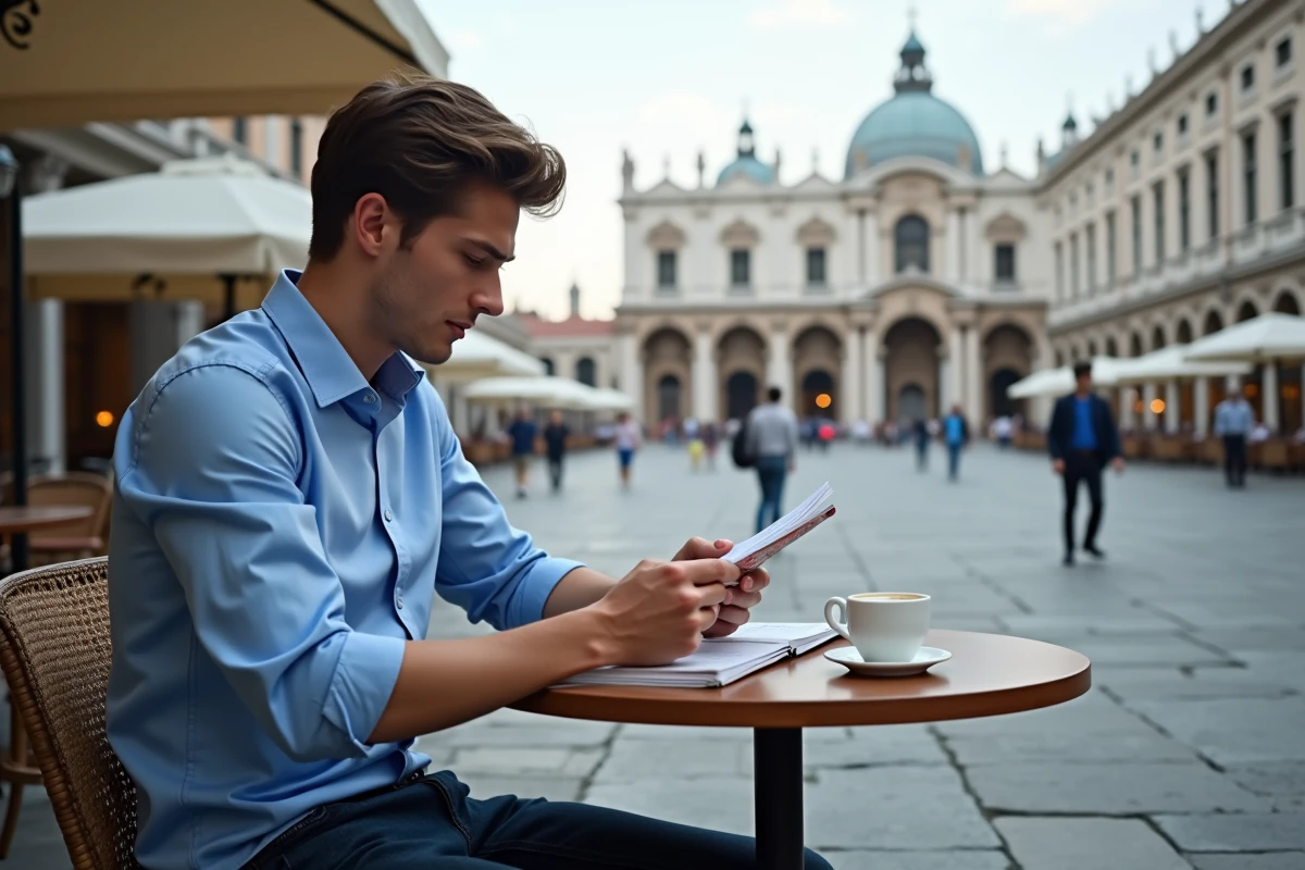 Jeune homme lisant un guide dans un café à Piazza San Marco