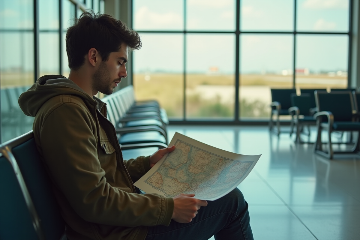 Jeune homme lisant une carte dans un terminal d