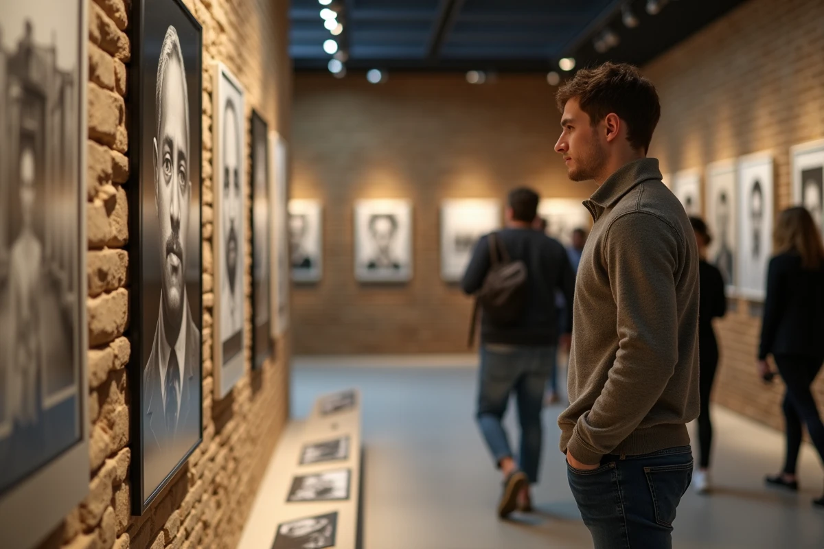 Jeune homme examinant des photos au musée juif de Prague