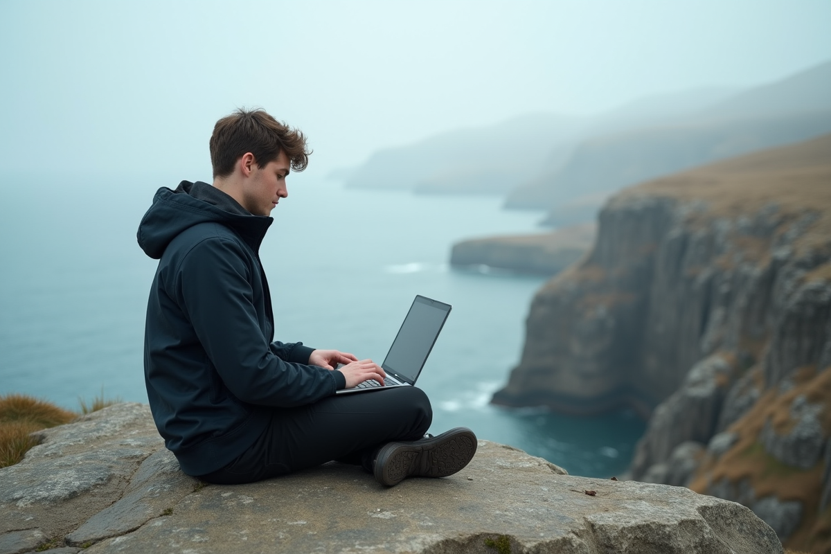Jeune homme sur une falaise au bord de la mer avec ordinateur