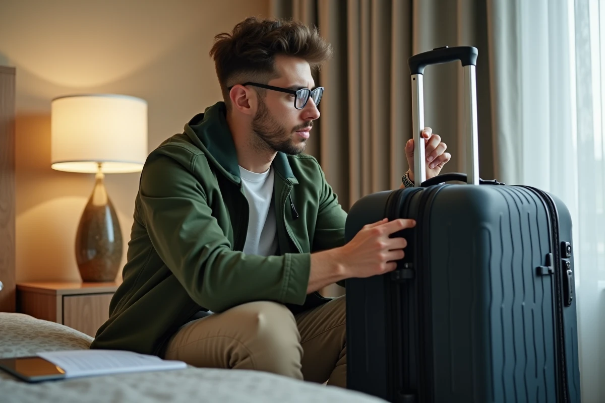 Jeune homme vérifiant la serrure de sa valise en hôtel
