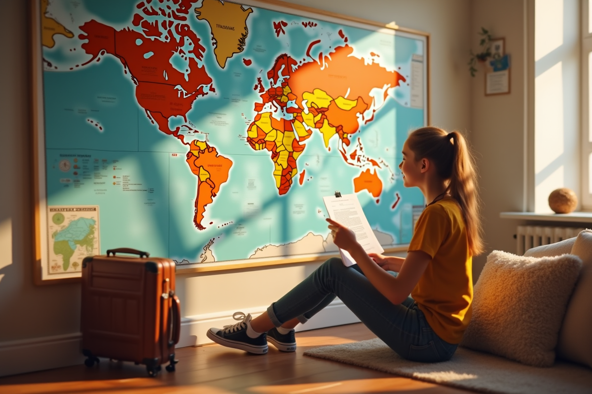 Jeune vérifiant une carte du monde à la maison