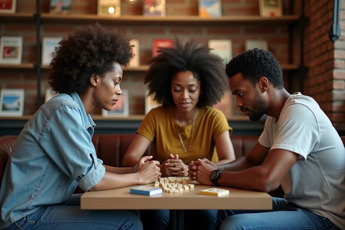 Groupe de jeunes jouant à un jeu de mots au café