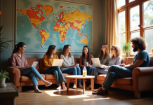 Groupe de jeunes voyageurs dans un espace convivial