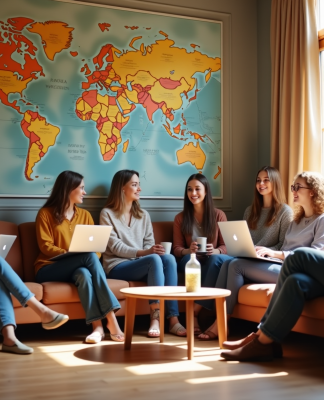 Groupe de jeunes voyageurs dans un espace convivial