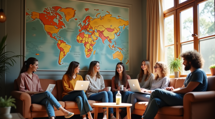 Groupe de jeunes voyageurs dans un espace convivial