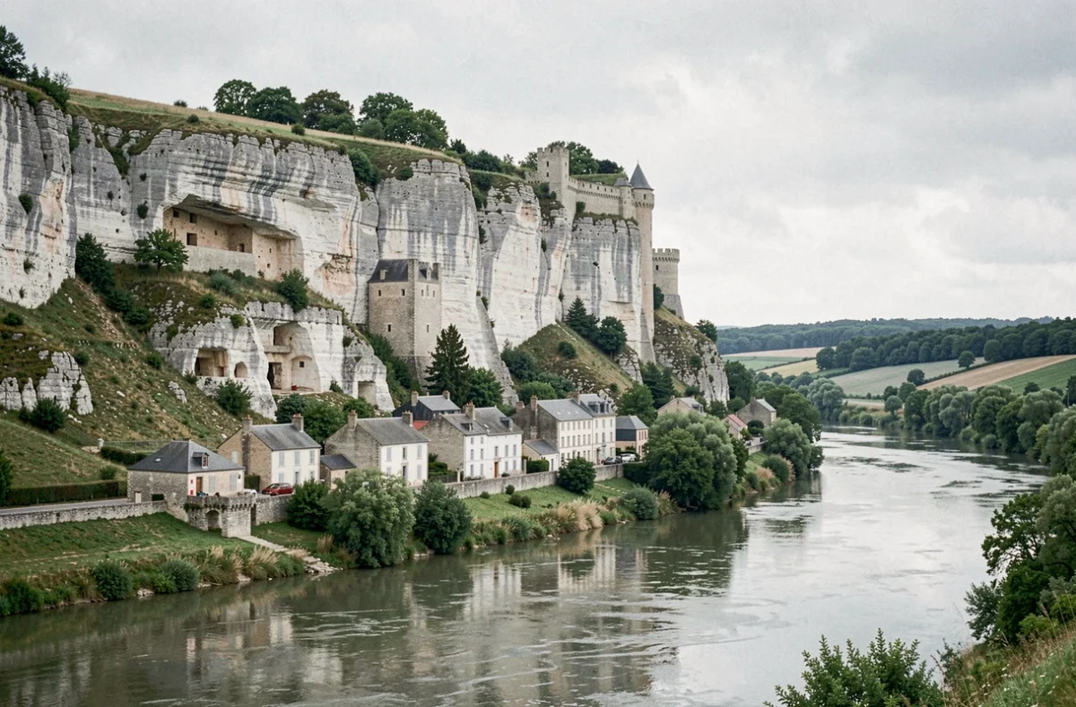 La Roche-Guyon avec ses falaises de craie, son château troglodyte taillé dans le roc et ses maisons en pierre au bord de la Seine dans le Vexin