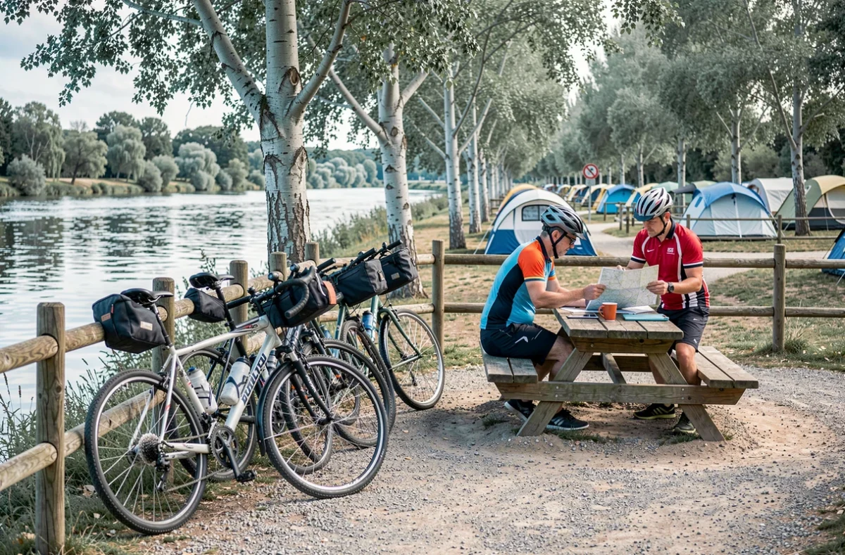 La Route Bleue, camping au bord de la Loire prisé des cyclistes avec vélos et chemin de halage longeant le fleuve