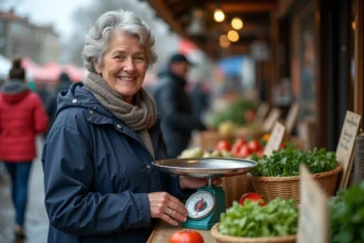 Femme souriante pèse légumes frais au marché de Fort Mahon