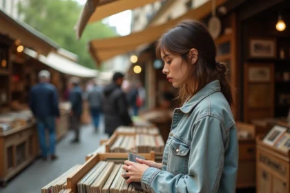 Femme parcourant des disques vinyles vintage au marché aux puces de Paris un dimanche matin