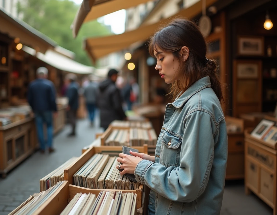 Femme parcourant des disques vinyles vintage au marché aux puces de Paris un dimanche matin