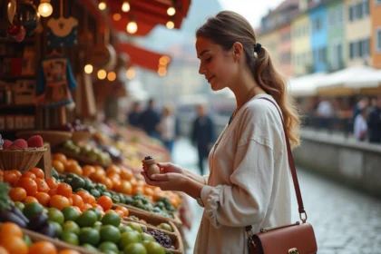 Femme visitant un marché artisanal en plein air à Ljubljana avec le Triple Pont en arrière-plan