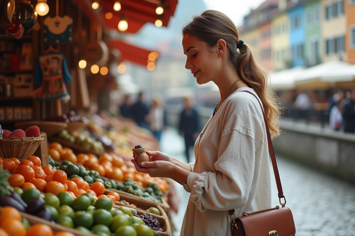 Femme visitant un marché artisanal en plein air à Ljubljana avec le Triple Pont en arrière-plan