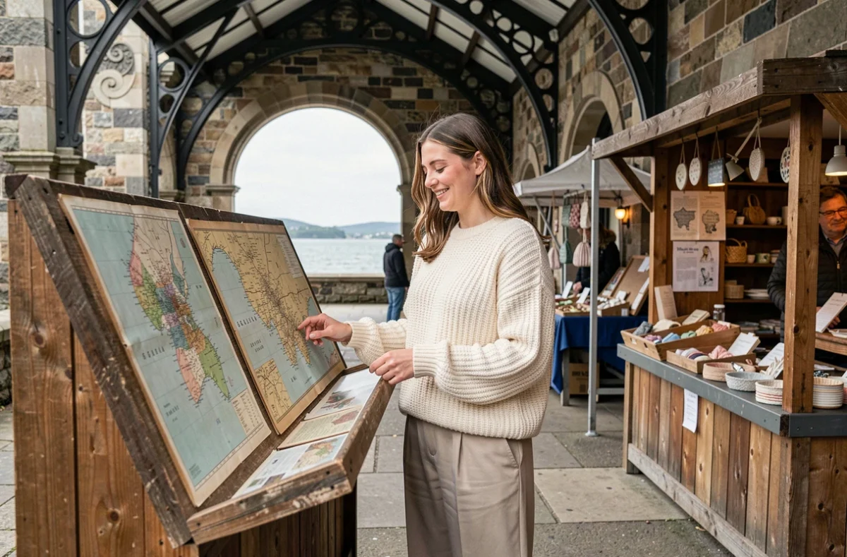 Femme parcourant le marché du port de Dun Laoghaire avec vue sur la baie de Dublin