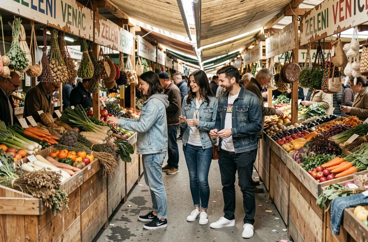 Groupe d'amis découvrant les étals colorés du marché Zeleni Venac au cœur de Belgrade