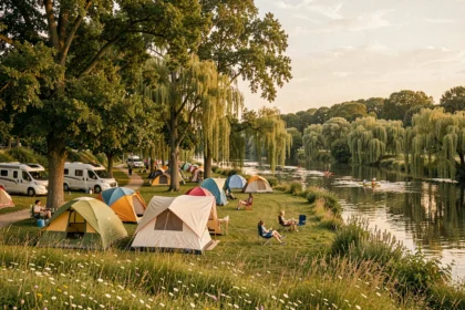 Vue panoramique d'un camping au bord de la Loire avec tentes colorées et caravanes sous les arbres en été