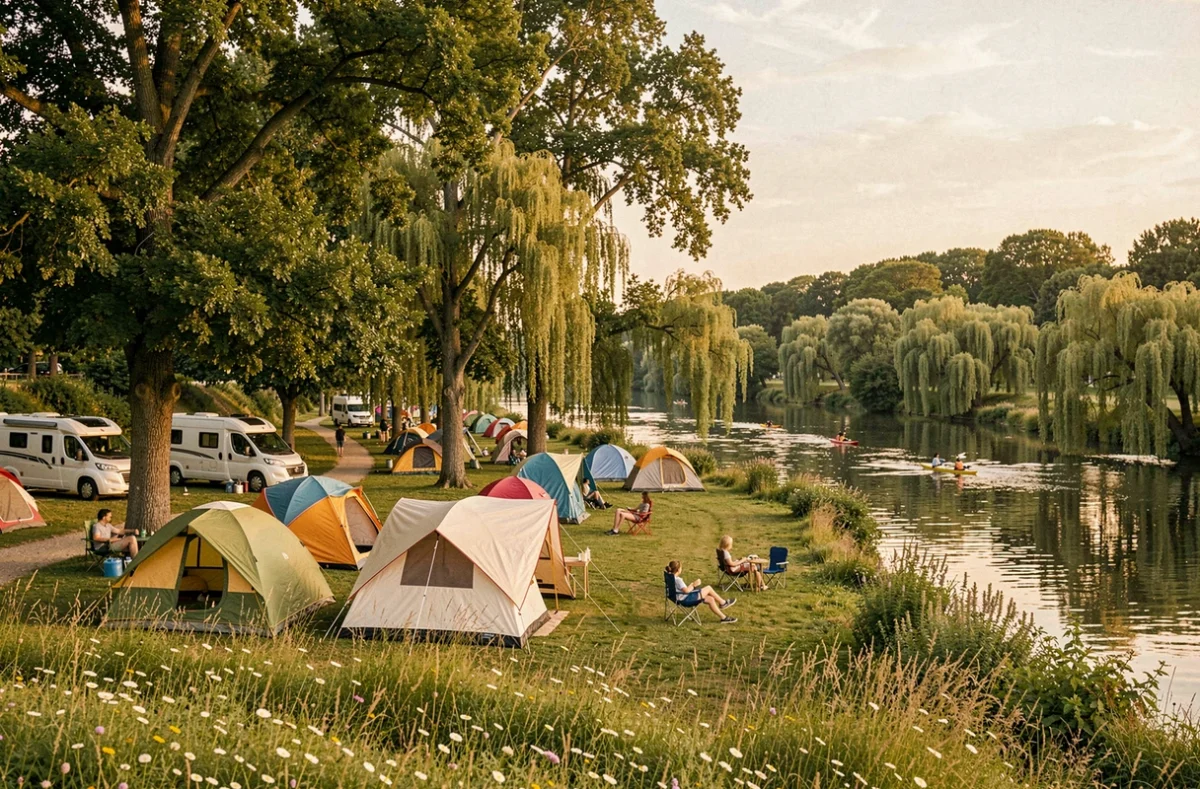 Vue panoramique d'un camping au bord de la Loire avec tentes colorées et caravanes sous les arbres en été