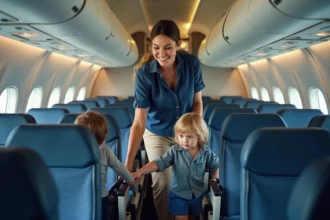 Mère aidant ses enfants à s'installer dans les sièges d'un avion Transavia lors de l'embarquement