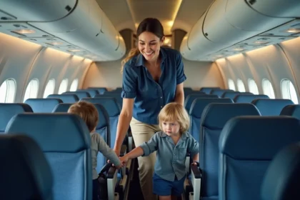 Mère aidant ses enfants à s'installer dans les sièges d'un avion Transavia lors de l'embarquement