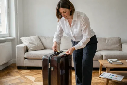 Femme mesurant les dimensions d'une valise classique pour vérifier la conformité aux normes cabine Air France