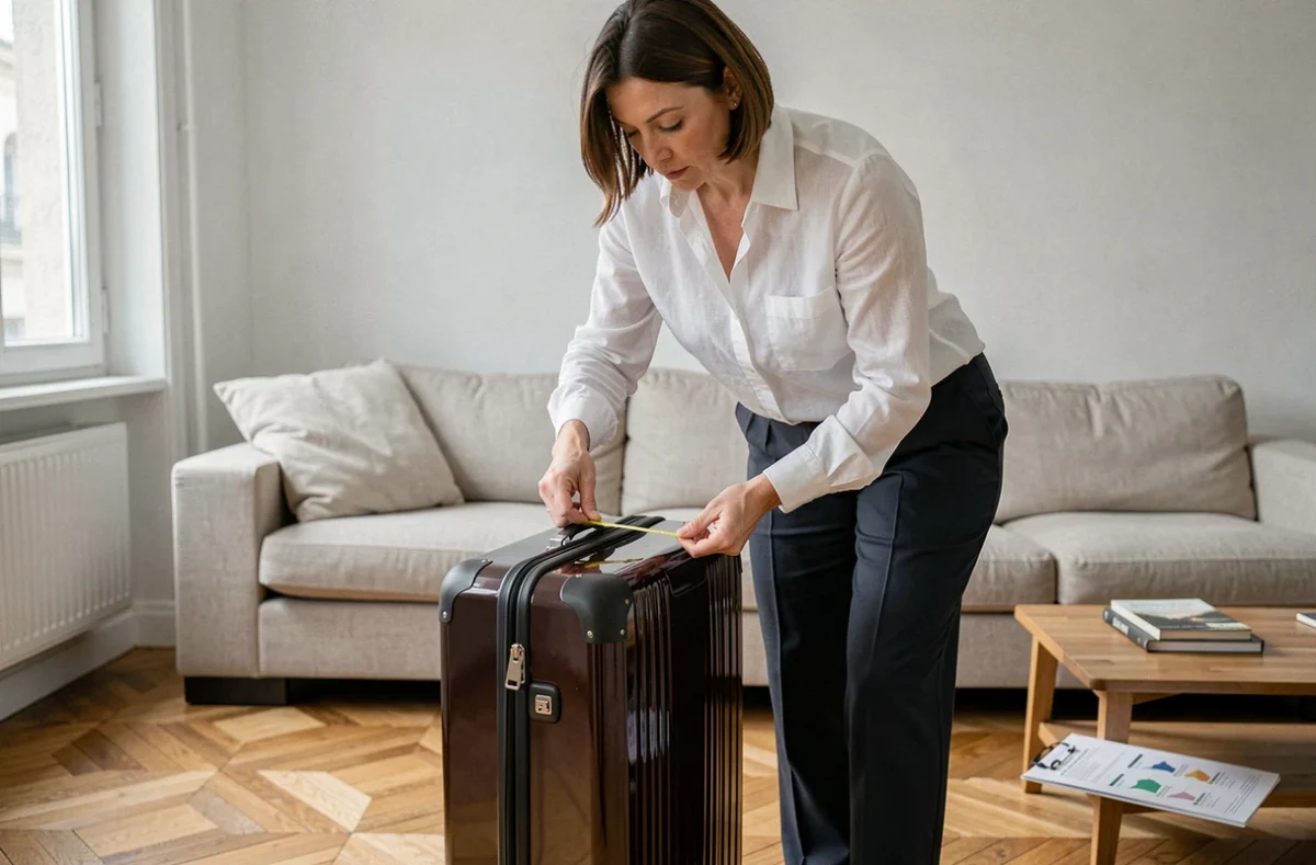 Femme mesurant les dimensions d'une valise classique pour vérifier la conformité aux normes cabine Air France