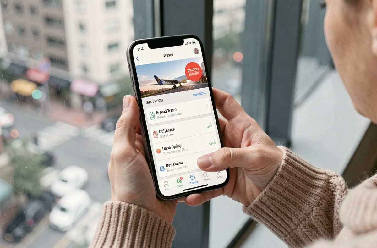 Mains tenant un smartphone affichant une application de réservation de vols avec un badge de réduction MisterFly Club