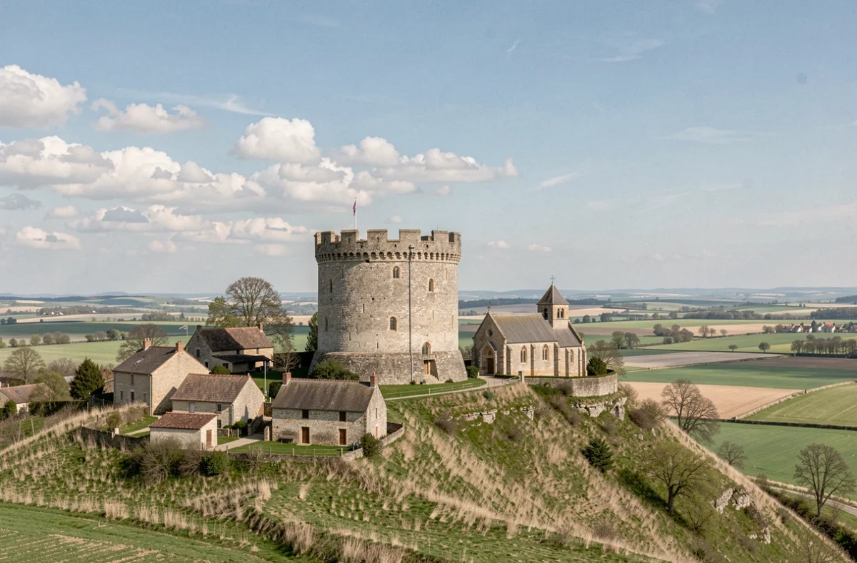 Les ruines du donjon médiéval de Montchauvet dominant le village en pierre et l'église romane sur une colline des Yvelines entourée de plaines agricoles