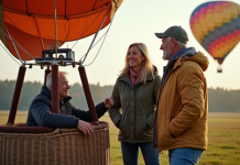 Homme et femme près d'une montgolfière en extérieur