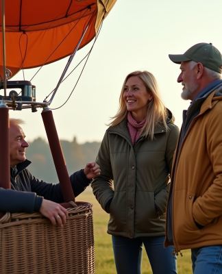 Homme et femme près d'une montgolfière en extérieur