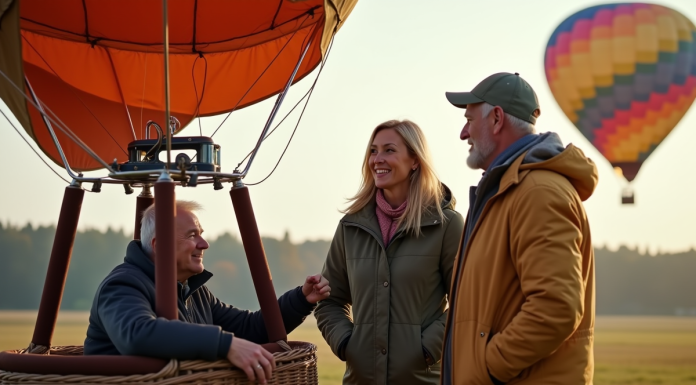 Homme et femme près d'une montgolfière en extérieur