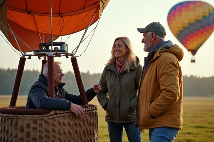 Homme et femme près d'une montgolfière en extérieur