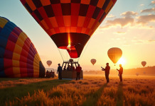 Montgolfière en préparation au lever du soleil avec techniciens