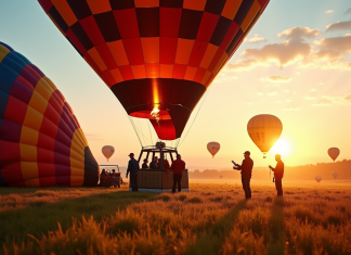 Inconvénients d’une montgolfière : comment les minimiser grâce à nos astuces ? Montgolfière en préparation au lever du soleil avec techniciens