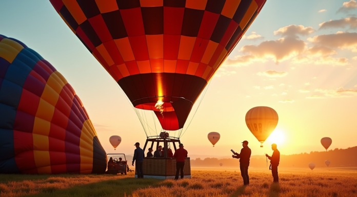 Montgolfière en préparation au lever du soleil avec techniciens