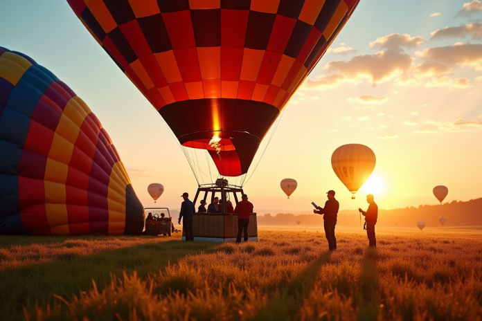Montgolfière en préparation au lever du soleil avec techniciens
