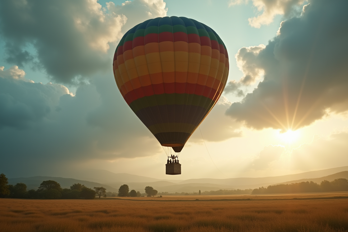Montgolfière volant bas avec passagers inquiets dans le vent