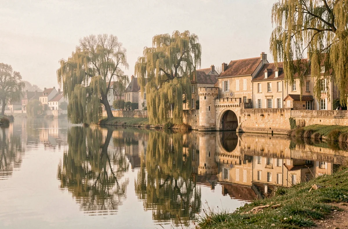La porte fortifiée médiévale de Moret-sur-Loing reflétée dans les eaux calmes du Loing, entourée de saules pleureurs et de maisons en pierre