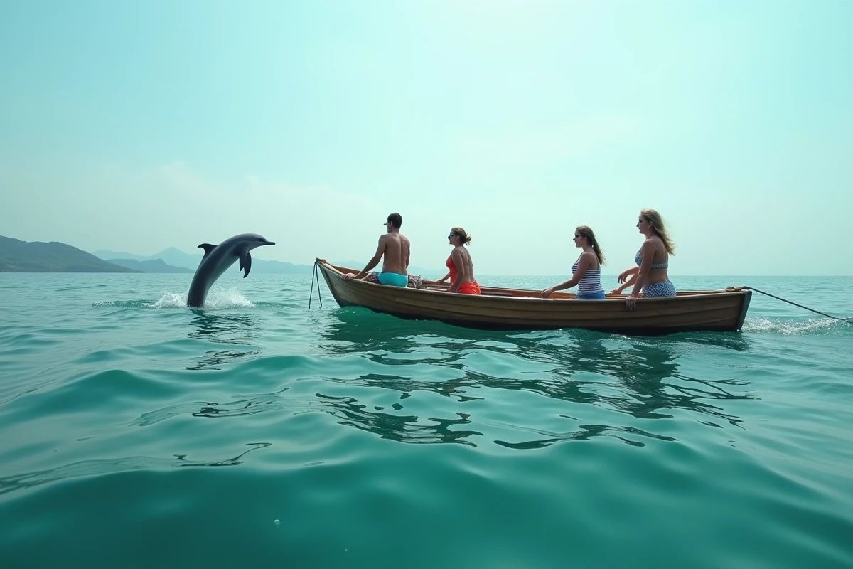 Touristes observant des dauphins depuis un bateau traditionnel au large de la plage de Lovina à Bali