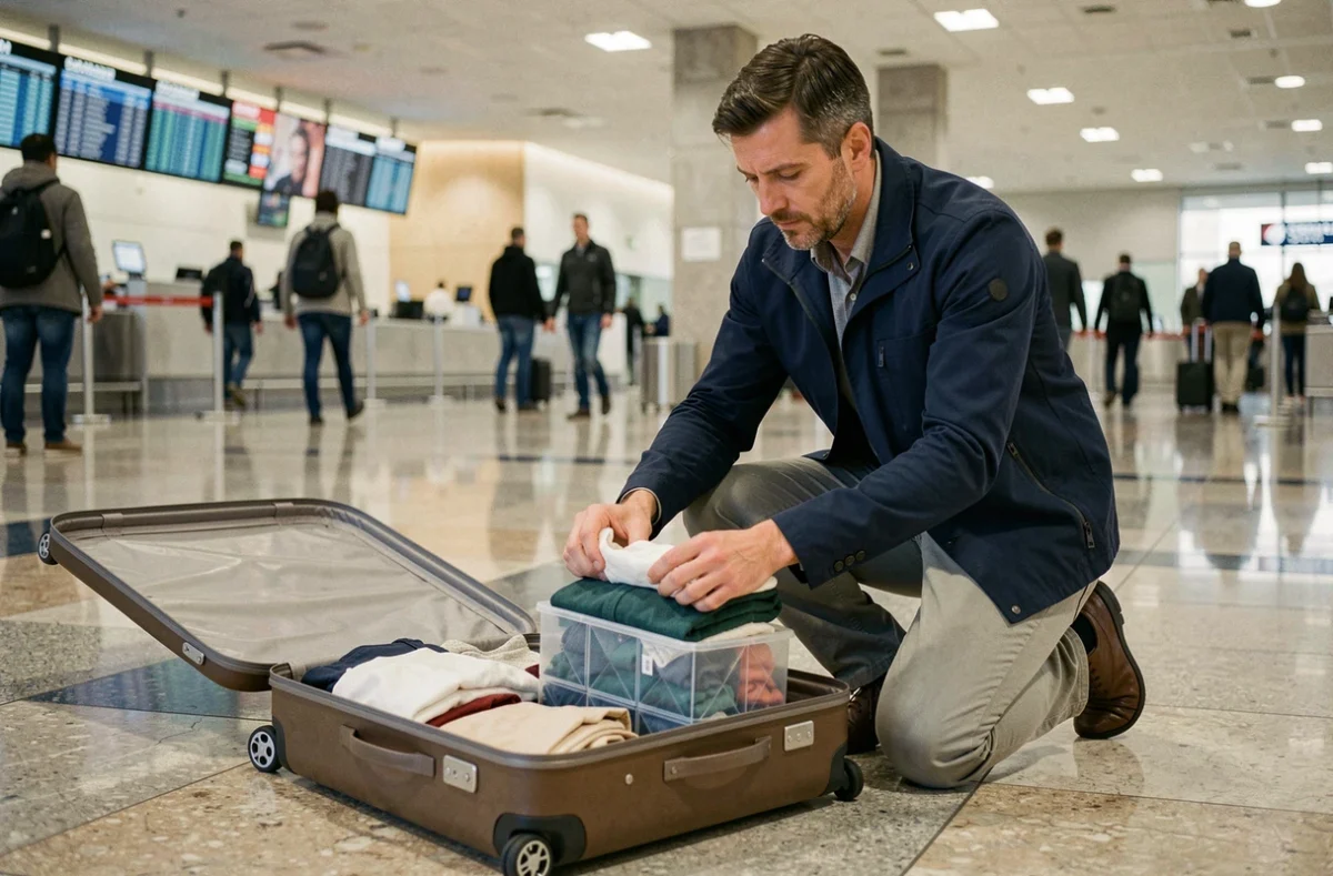 Homme reorganisant ses bagages avec des cubes de rangement pour optimiser une valise aux dimensions cabine Air France